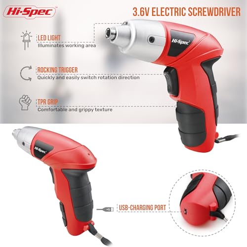 Hi-Spec 27pc 3.6V Red Small Power Electric Screwdriver Set. Cordless & Rechargeable with Driver Bit Set - color: Red