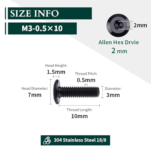 M3-0.5 x 10mm (100 pcs) Black Hex Socket Head Cap Screws, 304 Stainless Steel 18/8, Furniture Bolts, Connector Screws for Furniture, Black Oxide Finish, Full Thread, Hex Spanner Wrench Included - size: M3-0.5 x 10mm