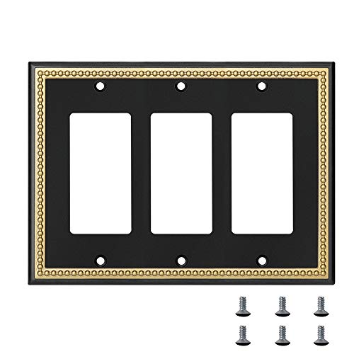 Pearled Frame Decorative Wall Plate Switch Plate Outlet Cover (Triple Decorator, Black & Dark Golden) - style: Triple Decorator