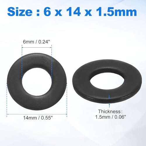 uxcell 75Pcs M6 304 Stainless Steel Flat Washers, ID 6mm, OD 14mm, Thickness 1.5mm Round Metal Washers for Screws Bolts, Outdoor Construction, Black - size: M6*14*1.5mm