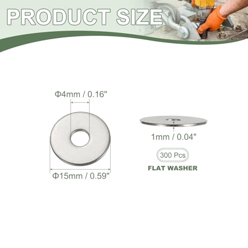 Flat Washers, 304 Stainless Steel Hardware Assorted Washer, 15 x 4 x 1 mm Fit for Bolts Screws Industrial Use (300 Pack, Silver) - size: 15 x 4 x 1 mm