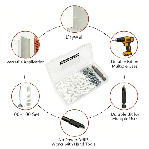 200Pcs Drywall Anchors and Screws Kit, 100Pcs Self-Drilling Plastic Wall Anchors with 100Pcs #8 Phillips Screws & PH2 Bit, Heavy Duty Anchors for Hanging Pictures, Shelves, Home Mounting - size: 1.37 Inch