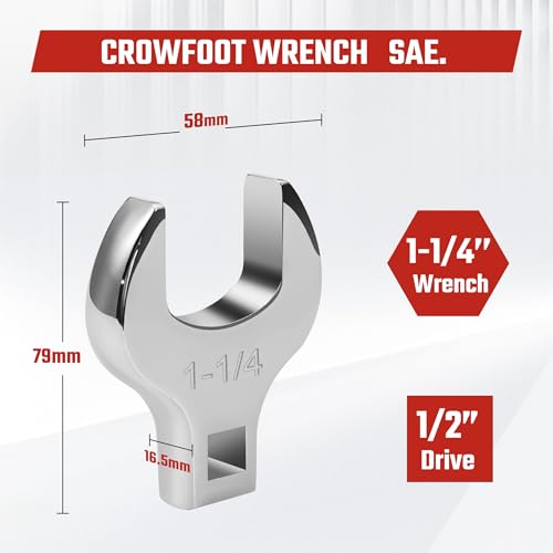 1/2'' Full Polish Drive Jumbo Crowfoot Wrench, Open End Wrench, SAE, 1-1/4'', CR-V Steel, Tools for Mechanics Maintenance or Repairs, Access Fasteners in Tight Spaces Work Hard-To-Reach Areas - size: SAE-1-1/4''
