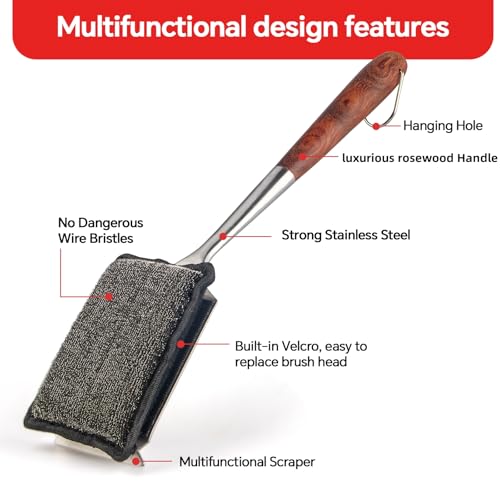 Bristle-Free Steam Cleaning Grill Brush Kit – Luxurious Long Rosewood Handle, Includes 1 Replacement Head – Safe BBQ Grill Cleaning for Outdoor Grill – Great Gift for Men/Dad - color: Steel Fibers Steam Brush