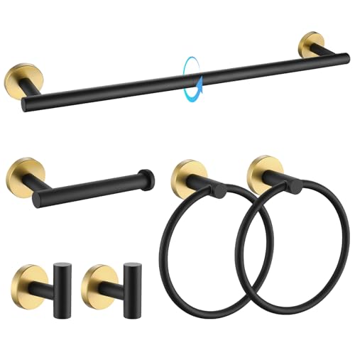 TQKAG Black and Gold Bathroom Hardware Set, 6-Piece Towel Bar Set 23.6 Inch - color: Black+gold, size: 6-Pieces Set