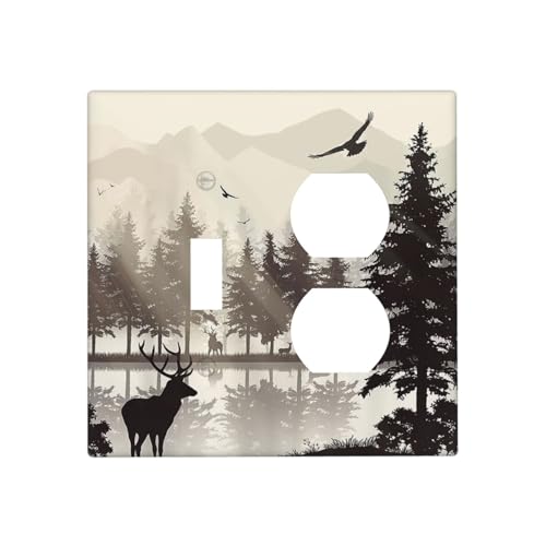 Retro Rustic Deer Forest Lake Pine Tree Silhouette Wallplates 1 Toggle 1 Duplex Switch Plate Electrical GFCI Faceplate Decorative Light Switch Covers for Farmhouse Living Room Decor - color: Retro Rustic Deer Forest Lake Pine Tree Silhouette, size: 1 Togg