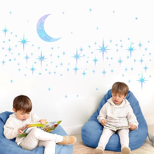 Retro Star Moon Wall Decals Sparkle Art Stickers Mid Century Modern Decor - color: Blue Star and Moon