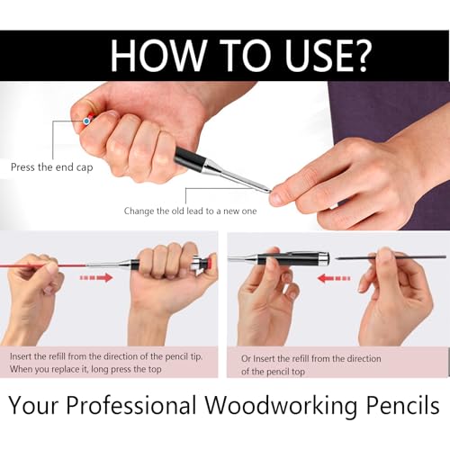 greywolf 2-Pack Carpenter Pencils, Heavy Duty Carpenter Pencils with 14 Refills, Long Tip Deep Hole Automatic Pencil Markers with Built-in Sharpener for Carpenters, Architects (Black, Red)