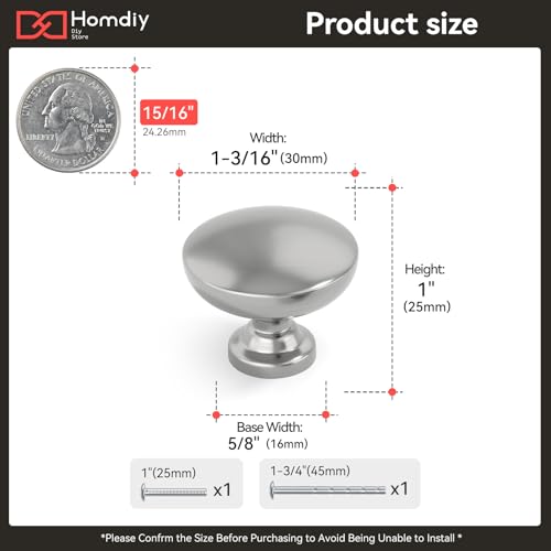 homdiy 25 Pack 1-3/16in Brushed Nickel Cabinet Knobs Dresser Closet Knobs - color: Brushed Nickel