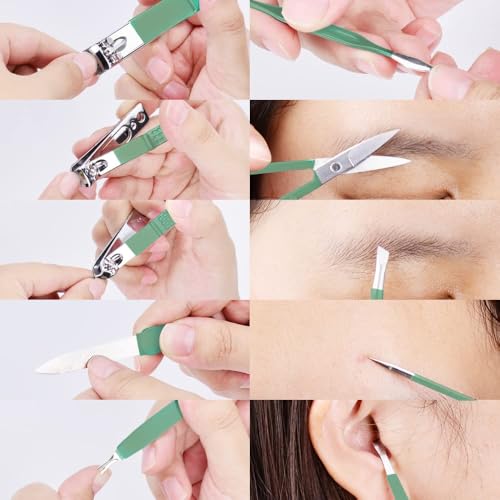 HANTEKAS Manicure Set 10 in 1 Stainless Steel, Nail Clippers Scissors Pedicure Tools Kit - Portable Travel Grooming Kit for Men and Women with Leather Case (Jade Green) - color: Jade Green