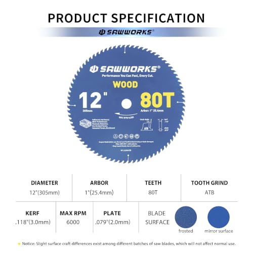SawWorks 12" 80T ATB Circular Saw Blade Woodworking for Precision Finish - size: 12 In 80T