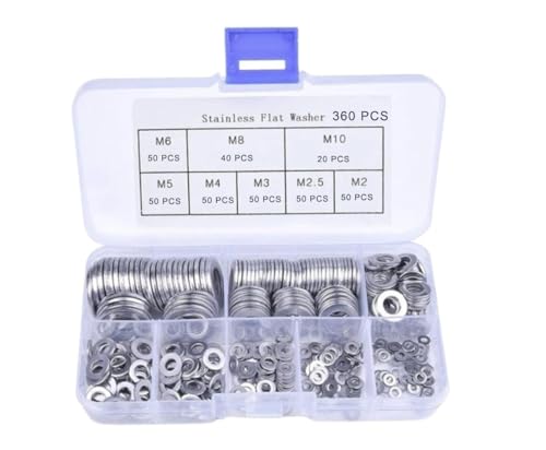 (360 PCS) Flat Washers, 304 Stainless Steel Flat Washer, Gasket Combination, 8 Different Sizes Wide Washing M2 M2.5 M3 M4 M5 M6 M8 M10 (360 PCS)