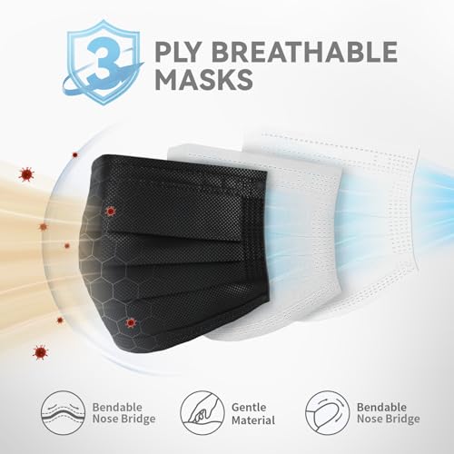 Disposable Face Masks 100 Pack, 3-Ply Breathable Masks with Soft Comfortable Earloops, Adjustable Nose Clip for Office, Travel, School & Public Use, Black - color: Black