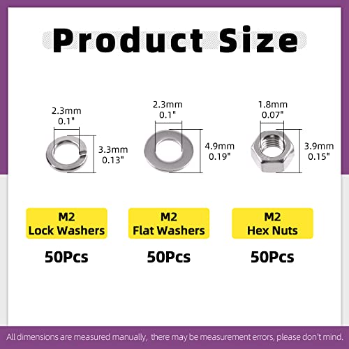 Swpeet 150Pcs Metric 304 Stainless Steel M2 Hex Nuts and M2 Flat Washers with Split Lock Washers Assortment Kit, Coarse Thread Hexagon Nut for Home Automotive Shop Use - size: M2 Hex Nuts & Washers