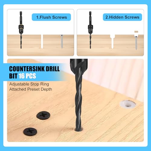 FACAINCXS Countersink Drill Bit Set for Wood, 16 PCS High Speed Steel Woodworking Tapered Drill Bits Counter Sink Drill Bit with 2PCS 1/4" Hex Shank Wood Plug Cutter Quick Change with Storage Box