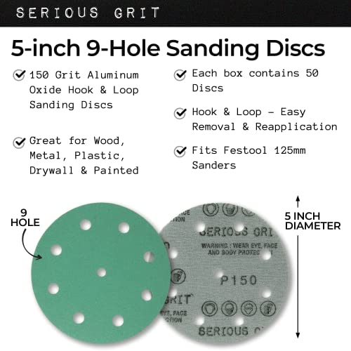 Serious Grit - 5-Inch 9-Hole P150 Grit Sanding Discs - 50 Pack Box - size: 150 Grit