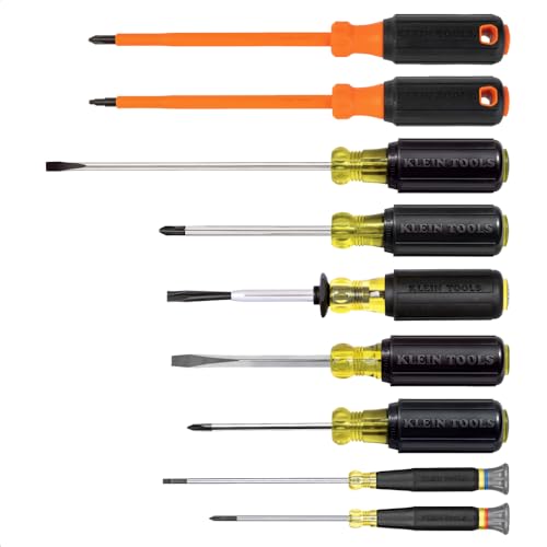 Klein Tools 85850 9-Piece Electrician Tool Set with (3) Phillips, (3) Slotted, (1) Screw-Holding Driver, (2) Insulated Drivers - Phillips and Square, Cushion-Grip Handle - size: 9-Piece