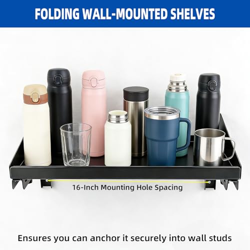 Folding Metal Floating Shelf, 17 x 10 Inch Wall Mounted Storage Rack with Lip — Holds 100LBs per Shelf, Space-Saving Foldable Design for Garage, Workshop, Kitchen & Office, Black (2 Pack)