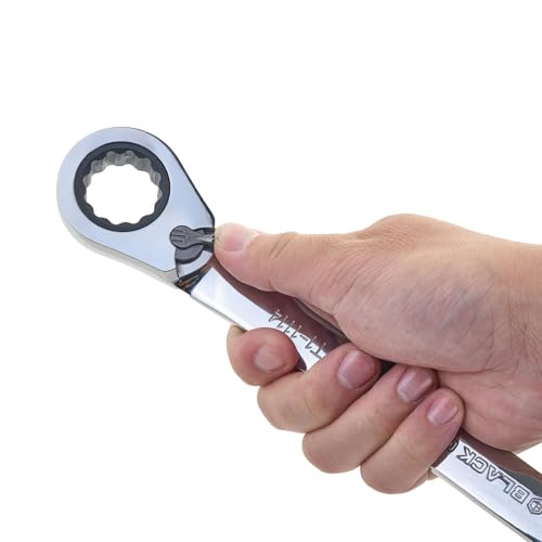 BLACK CANYON 15/16 Inch Ratchet Combination Wrench, 12-Point Box End & Hex Opening, Polished Steel Ratcheting Wrench with SAE & Metric Sizes - size: 15/16 Inch, style: Inch