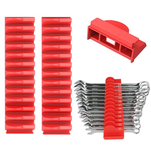 DEHOYI 24pcs Magnetic Modular Wrench Organizers for Tool Drawers - Wrench Rack with Metric&SAE Labels,Tool Storage Holder with Magnet.Gift for father, brother&boyfriend (Red with magnets)