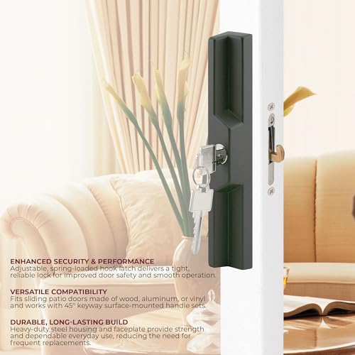 Prime-Line E 2014 Mortise Lock - Adjustable, Spring-Loaded Hook Latch for Sliding Patio Doors Constructed of Wood, Aluminum and Vinyl, 3-11/16 In., 45 Keyway, Round Face (Single Pack) - style: steel
