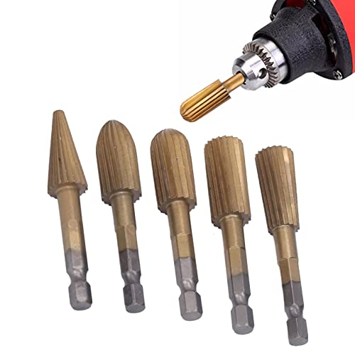 5Pcs Rotary File Cutting Burrs, Hex Shank Double Cut Metal Grinder Drill Bit Set High Speed Steel Rotary File Set
