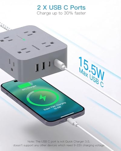 HANYCONY 6Ft Surge Protector Power Strip USB C, 1080J, 8 Outlet Extender - color: Gray, size: 6ft