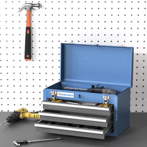 LARBANKE Metal Tool Box,3 Drawer Tool Box with Top Storage Tray, Portable Tool Chest with Locking System and Drawer Liner, Hand Carrying Tool Chest for Garage,Home or Workbench
