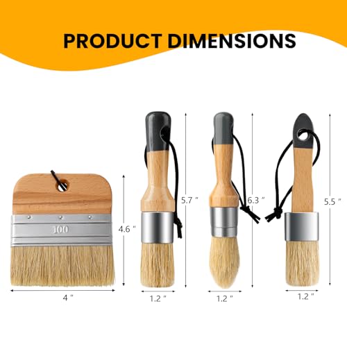 Chalk Paint Brushes Set of 4, Flat and Round, Natural Bristles - size: 1 Flat + 3 Small Round, 4 Pack