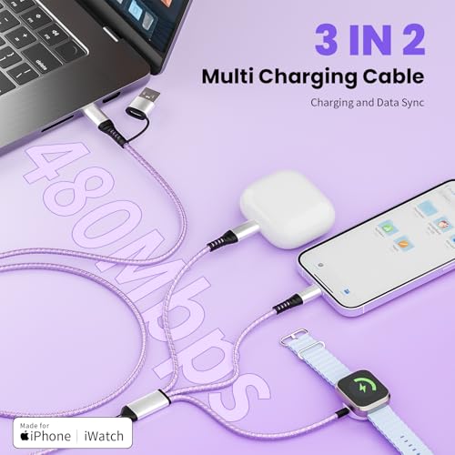 3 in 2 Multi Charging Cable Cord for iPhone Watch Charger/iPhone 17-8 Cable - color: Violet, size: 2Pack5FT