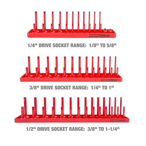 OEMTOOLS 22413 6-Pc SAE & Metric Socket Tray Set for Sizes 1/4", 3/8”, 1/2" - color: Red/Grey