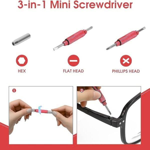 UNEAK - Eyeglass Screwdriver Repair Kit Red Precision 3 in 1 Mini Screwdrivers Set Keychain Glasses, Sunglasses, Sunglass, Watch, Electronics, Eyeglasses, Flat Head, Phillips, Hex - color: Red
