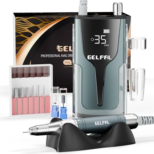 Rechargeable Nail Drill - Brushless Motor - Electric Nail Drill for Acrylic Nails Professional,35000RPM Electric Nail File,Cordless for Home Salon, Low Noise, Low Heat, Blue Grey