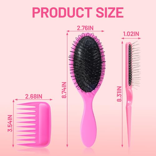 SIMPOR 3 PCS Wig Brush Comb Set, Hair Wig Comb Set for Synthetic, Professional Extension Loop Brush 3 Row Wire Brushes for Human and Synthetic Hair - color: Pink