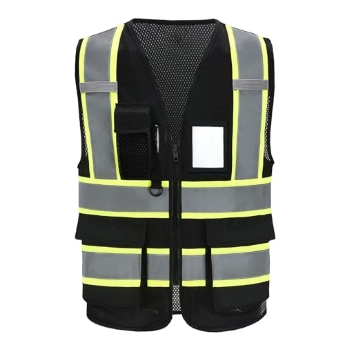 A-SAFETY Mesh High Vis Vest, Reflective Construction Vest with Pockets - color: Black, size: 3X-Large
