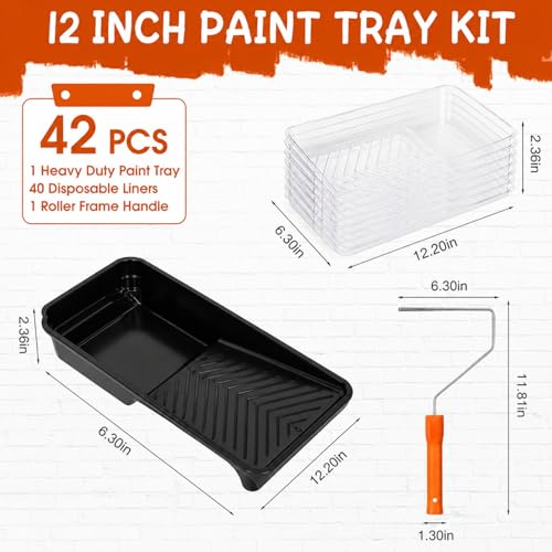 12 Inch Paint Tray Liner Kit with 40 Disposable Paint Tray Liner Refills, Roller Frame Handle, Heavy Painted Tray for Wall, Furniture, Ceiling and Home Interior Painting Supplies