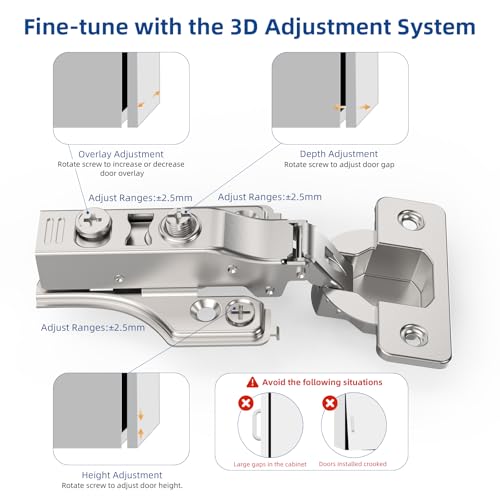 Chibery 4 Pack 3/4" Full Overlay Soft Close Concealed Hinge for Face Frame ＆ Frameless Door, 3D Adjustment, Clip-on Plate, Slow Self Closing Hidden Satin Nickel, 105° Stainless Steel Hinges, 5/8" - size: Full Overlay