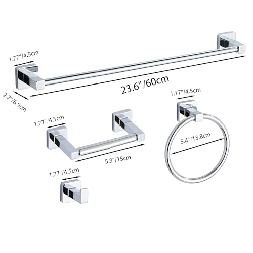 Chrome Bathroom Hardware Set 4 Pieces,Bathroom Accessories Set Stainless Steel Wall Mounted, Hand Towel Bar, Towel Ring, Robe Towel Hooks,Toilet Paper Holder,Towel Bar Set, 23.6 Inch - color: Chrome-4pcs, size: 23.6Inch