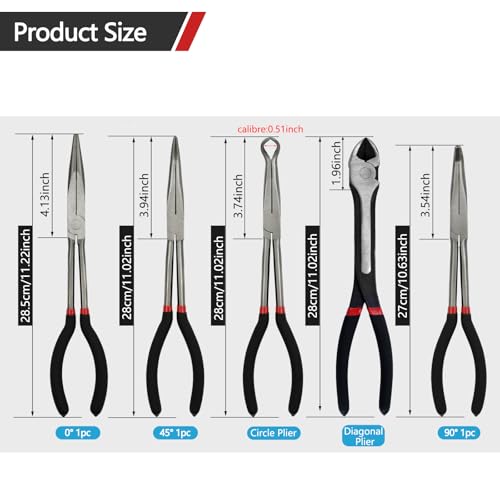 5-Piece 11" Extra Long Needle Nose Pliers Set, Premium CRV Steel - size: 5 Pieces - 11" - Straight/45°/90°/Circle/Diagonal