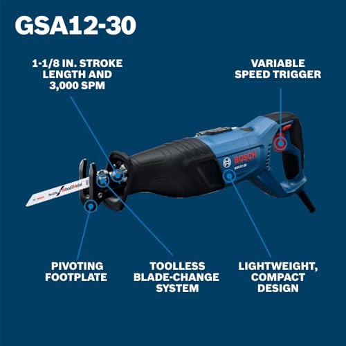 BOSCH GSA12-30 Corded Reciprocating Saw - 12 Amp Power, 1-3/16 In Stroke Length, Variable Speed Control, Tool-Free Blade Change, Lightweight Design for Easy Maneuverability (Bare Tool)