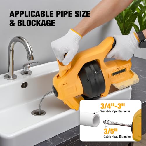 Cordless Electric Drain Auger Compatible with Dewalt 20V Battery(Tool Only) - color: Yellow