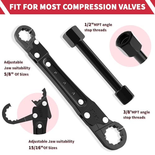 Plumbing Tools Angle Stop Wrench Kit - 3-Piece Plumber Tool Set with Compression Sleeve Puller & 4-Way Sillcock Key - Fits 3/8" & 1/2" MPT Ferrule Removal Tool for Tight Spaces Under Sink-Black - color: Black