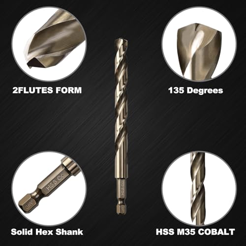 3/8 Cobalt Drill Bit for Metal and Hard Steel (5Pcs), Hex Shank Quick Change M35 HSS Twist Impact Drill Bit Set, with Storage Case - size: 3/8(5pcs)