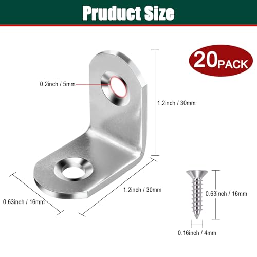 20pcs L Bracket Corner Brace 30mmx30mm Stainless Steel 90 Degree Joints Right Angle Bracket Metal Fastener for Wood, Cabinet, with Screws - size: 30*30mm/ 1.2in