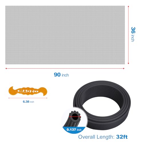 Window Screen Replacement Kit Durable 36" x 90" Polyester Mesh with Tool - color: Gray, size: 36" x 90"