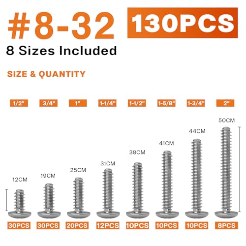 130PCS #8-32 Phillips Pan Head Machine Screw Kit, 1/2-2 in - size: #8