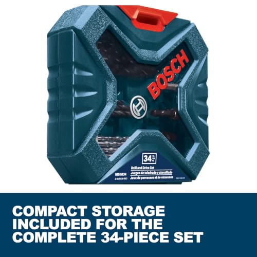 BOSCH MS4034 34-Pc Wood, Metal, Masonry Mixed Drill Bit Set with Case - size: Various in, style: 34pc