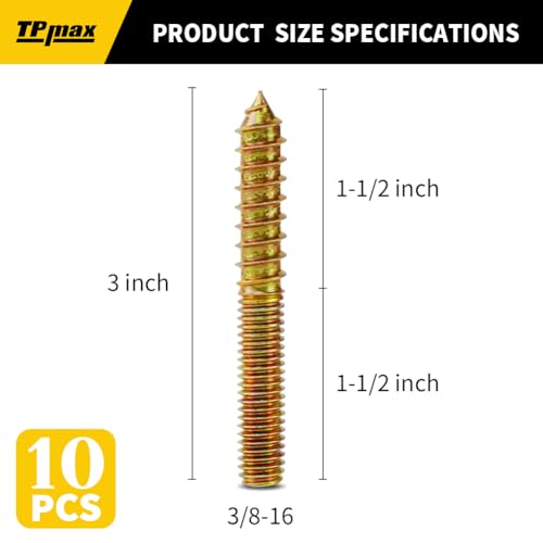 TPmax 10 Pack 3/8-16 x 3 Inch Hanger Bolts Double Headed Bolts Self-Tapping Screw Hanger Bolts for Furniture (3/8-16" x 3") - size: 3/8-16" x 3"
