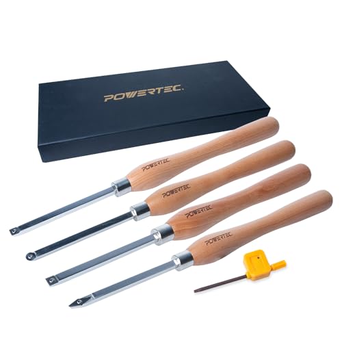POWERTEC 4 Pcs Carbide Lathe Tools for Woodturning, Wood Lathe Tools with Radius Edge Square, Flat Edge Square, Round and Diamond, Lathe Toolds with Replaceable Blade (71826) - style: 4pcs set