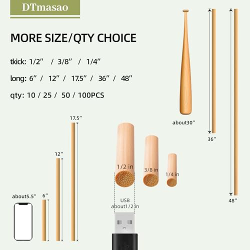 Dtmasao 25 PCS Dowel Rods Wood Sticks Wooden Dowel Rods - 3/8 x 48 Inch Unfinished Bamboo Sticks - for Crafts and DIYers - size: 3/8 x 48 Inch